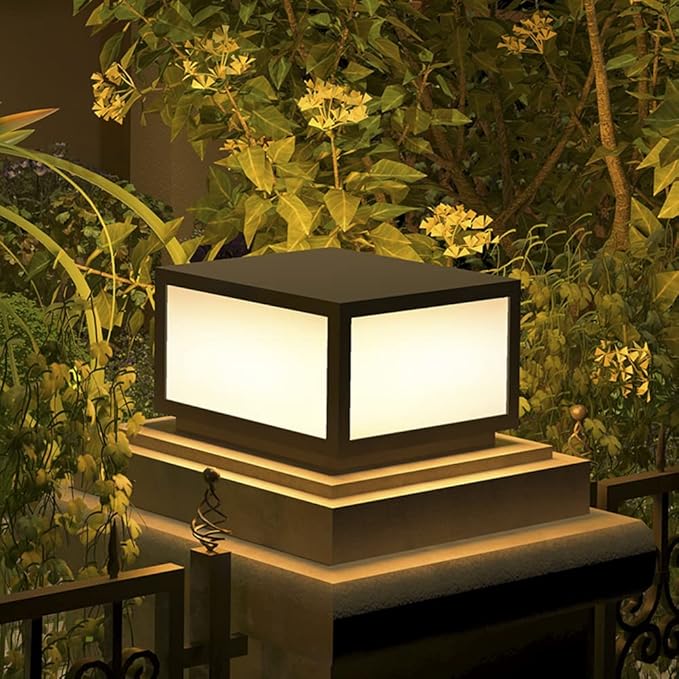 Pillar Lamp Post Light, Tempered Glass Shade，Fence Deck Cap Light Lantern Column Lamp for Flat Surface Patio Garden Decoration with IP55 Waterproof E26 LED Bulb (Electric Powered)