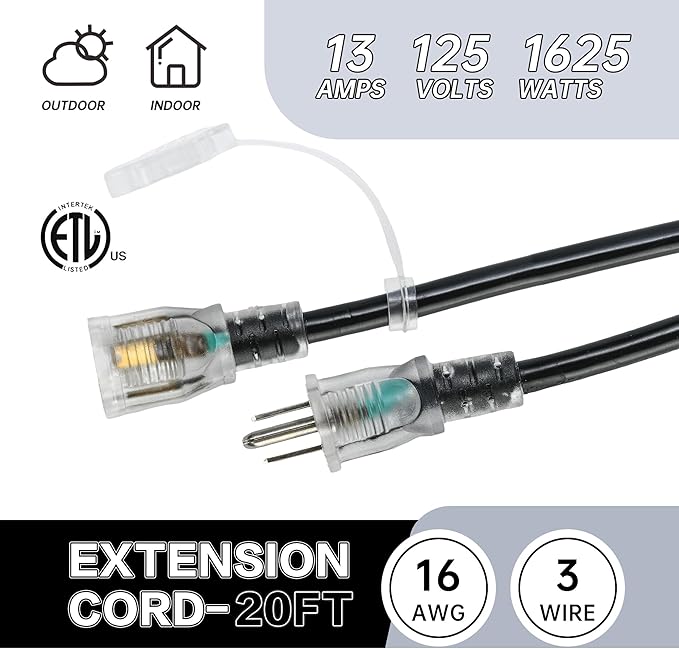 20FT 16 Gauge Multi-Outlet Extension Cord, 4 Evenly Spaced Weatherproof Outlets, Great for Stage Backdrops, Landscape Garden Lighting, Christmas Decorations ETL