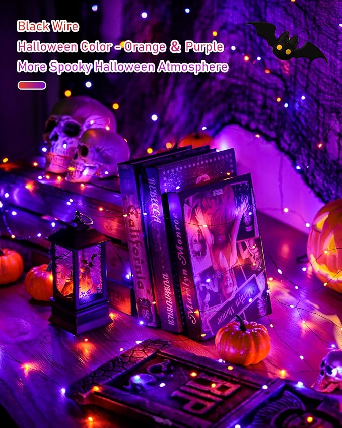 JMEXSUSS 2 Pack Solar Halloween Lights, Total 66FT 200 LED Orange and Purple Halloween Lights Outdoor Waterproof, 8 Mode Black Wire Solar String Lights for Tree Yard Spooky Party Halloween Decorations