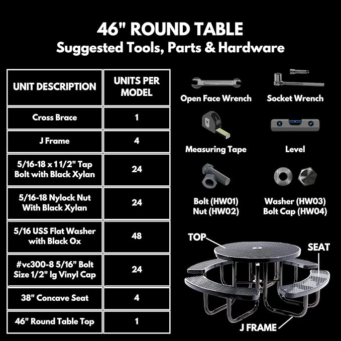 Coated Outdoor Furniture Heavy-Duty Portable Outdoor Picnic Table with Umbrella Hole, Punched Steel Commercial-Grade Patio Dining Furniture Made in America (46" Round Top, Tan)