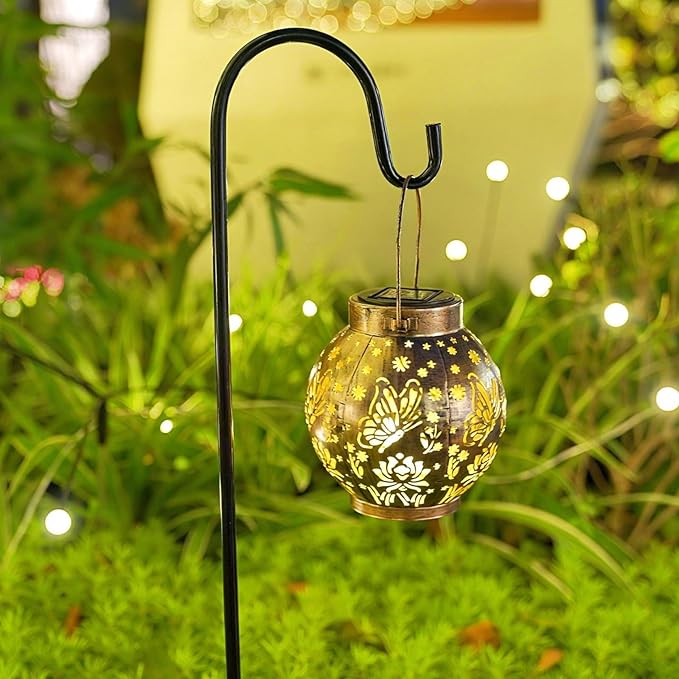 2 Pack Outdoor Solar Hanging Lantern Lights Metal LED Decorative Lamp for Garden Patio Porch Lawn and Table.Unique Gifts for Women Gardening. (Bronze Butterfly)
