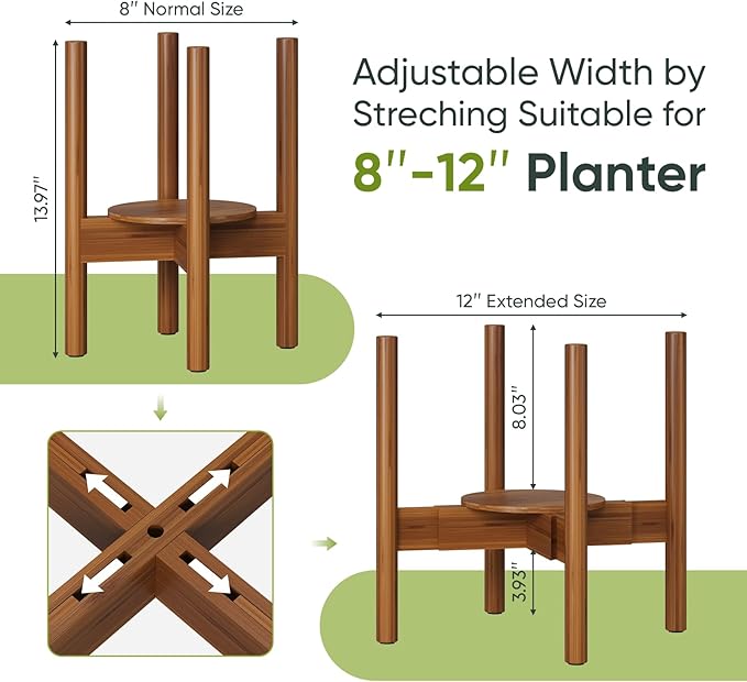 2 Pack Adjustable Plant Stand, Bamboo Plant Stand Indoor with Tray, Wood Plant Stand for 8 to 12 inches Flower Pots, Single Mid Century Modern Plant Stand for Indoor Plants, Walnut