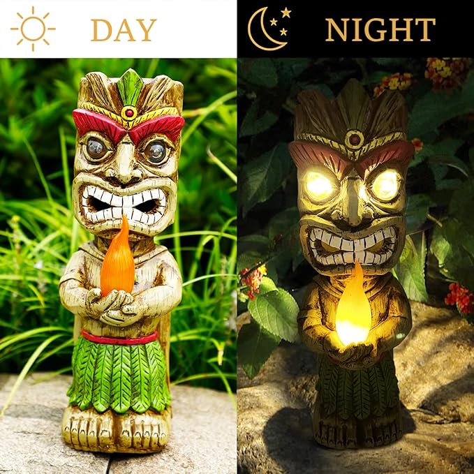 13" Tall Solar Torch Tiki Garden Statue, Resin Large Tiki Decor Figurine with Solar Lights, Hawaiian Tiki Man, Outdoor Patio Yard Lawn Bar Party Beach Pool Pond Decoration, Valentine's Day Gift