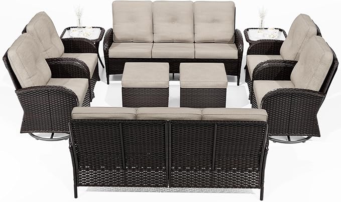 Joyside 10 Piece Patio Furniture Set, Outdoor Wicker Conversation Sets with Swivel Rocker Chairs and Sofa, Thick Cushion, Rattan Patio Sectional for Porch, Deck Use (Brown/Beige, 10 PCS)