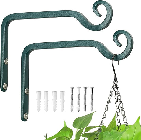 Kingsyard 2-Pack Wall Plant Hanger Outdoor - Heavy Duty Metal Hanging Bracket Hooks for Hanging Plant Bird Feeders Lanterns Wind Chimes Outdoor & Indoor, 6-Inch/Green