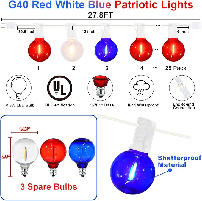 27.8Ft G40 Red White and Blue Lights String with 28 Shatterproof LED Globe Bulbs, for Memorial Day 4th of July Decorations Outdoor & Patriotic Decorations Lights for Home Party Patio Gazebo, 0.6W