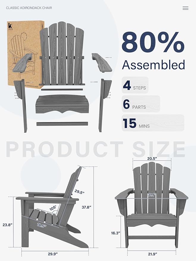 KINGYES HDPE Adirondack Chair Set of 2, Classic Oversize Adirondack Chair, Grey