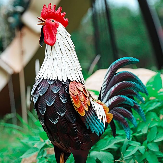 chisheen Metal Rooster Decor,Yard Chicken Decorations,Outdoor Garden Statues, Metal Chicken Sculpture for Backyard Patio Kitchen Decor & Lawn Ornaments