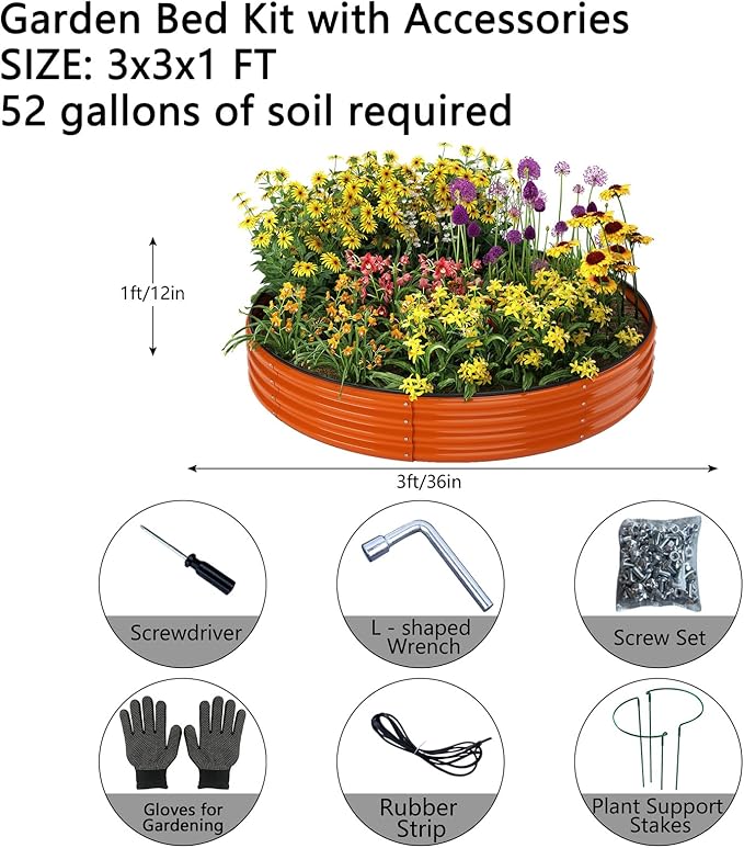 Galvanized Metal Planter Round Raised Garden Bed Kit for Gardening Outdoor，3x3x1ft Grow Garden Box Raised Flower Bed，Round Galvanized Planter Outdoor Large Metal Fire Pit Ring