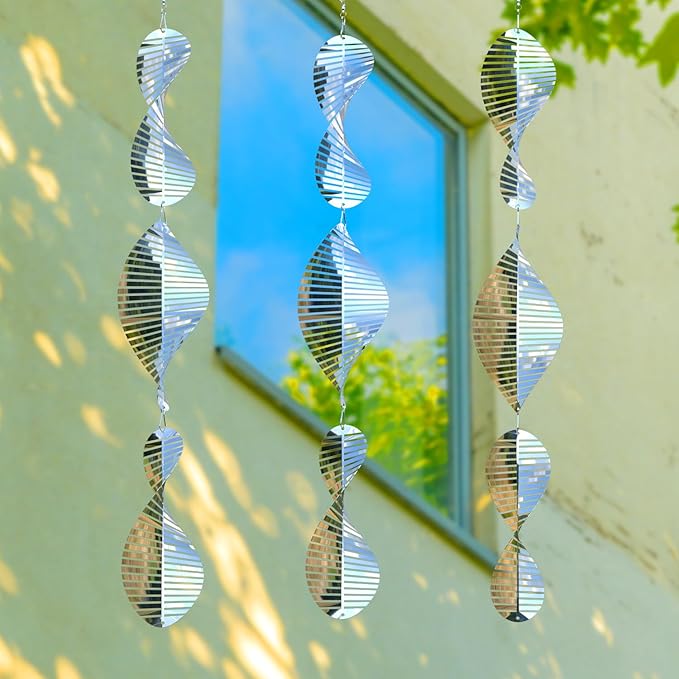 3 * 3 Stainless Steel Bird Scarer Discs Set, 3D Reflective Helix Wind Spinners Bird Reflector & Sparkly Metal Outdoor Garden Décor Sculpture Ornaments, Deterrent to Scare Pigeon Away Yard Patio Farm