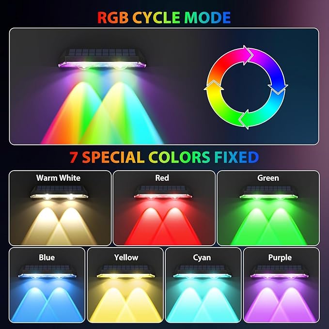 Solar Fence Lights,RGB & Warm White & 6 Colors Lens LED Dusk to Dawn Deck Light, Fence Solar Lights Outdoor Waterproof, Solar Outdoor Lights for Backyard/Railing/Wall/Step/Patio/Pool Set of 2