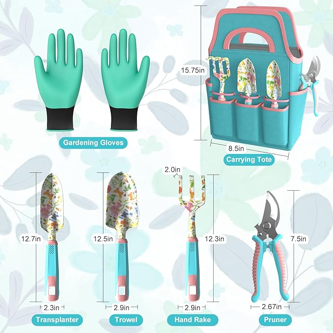 6 Pcs Garden Tool Set, Gardening Hand Tools Aluminum Alloy Starter Kit with Garden Bag, Heavy Duty Outdoor Tool Set with Ergonomic Handle, Gardening Gifts (Flower Pattern)