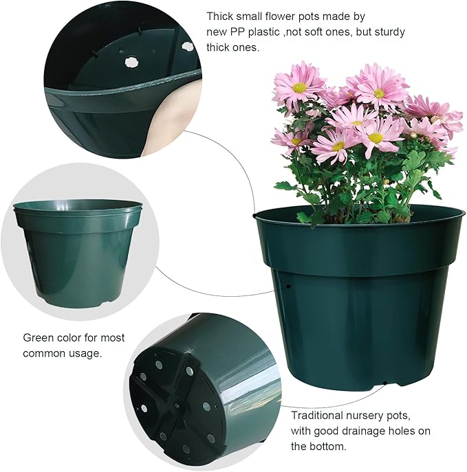 15 Pack 4/6/8 Inch Plant Nursery Pots, Thickened Plastic Pots for Plants with Drainage Holes, Sturdy Seedling Pots, Seed Starting Pots, Flower Pots for Indoor Outdoor Plants, Green