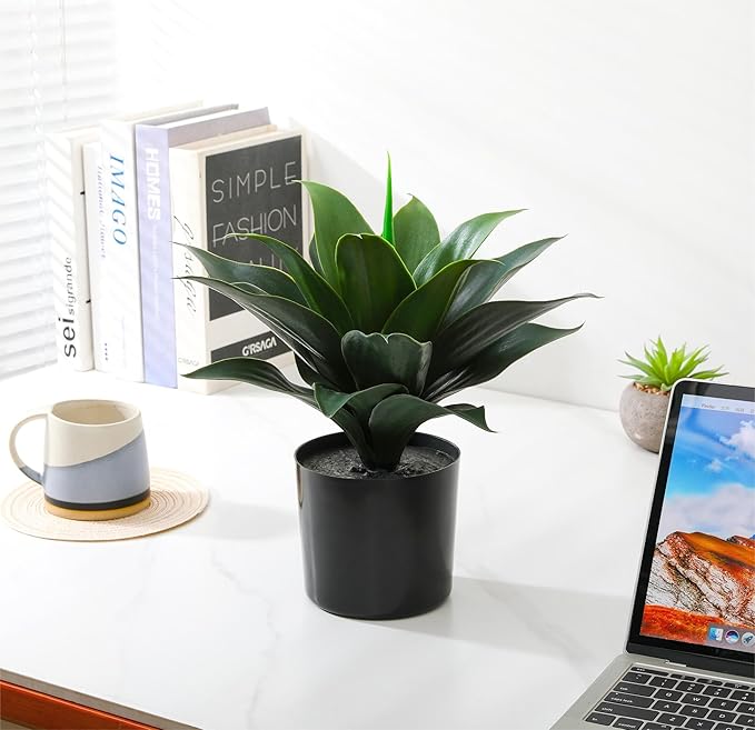 JUSTOYOU 14" Large Artificial Succulent Faux Agave Plant in Pot, Fake Potted Desk Plant Realistic Greenery Artificial Plants for Indoor Office Home Decor Bathroom Kitchen Shelf (Dark Green)