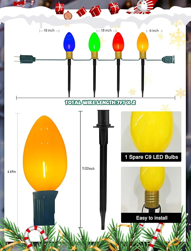 Jumbo C9 Christmas Pathway Lights Outdoor, 2Pk Total 14Ft Outdoor Christmas Decorations with 8 LED Jumbo C9 Multicolor Light Bulbs Christmas Walkway Lights for Lawn Holiday Yard Garden Sidewalk Decor
