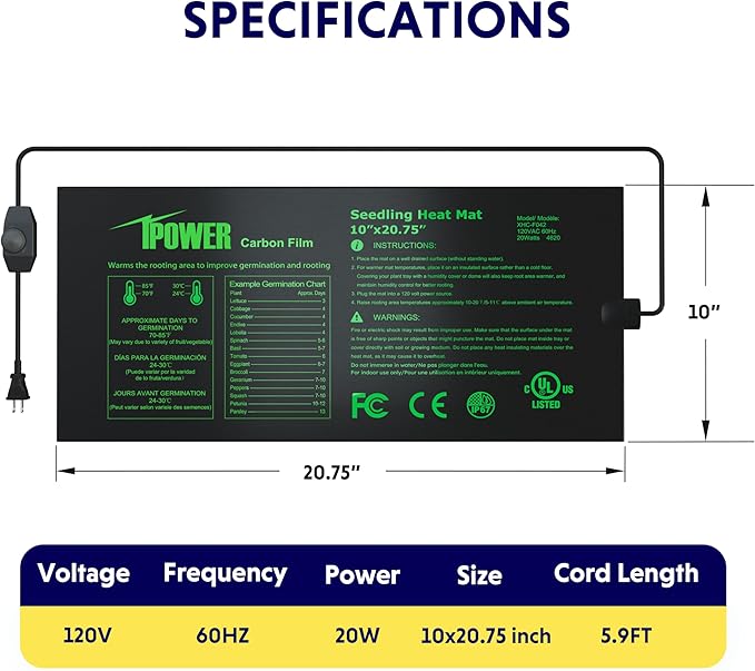 iPower 10" x 20.75" Seeding Heat Mat with Temperature Adjustable Knob and Digital Thermometer, Durable Warm Hydroponic Plant Germination Starting Pad