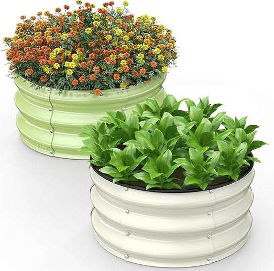 2pcs 2x2x1 FT Galvanized Raised Garden Bed Kit, Round Raised Garden Beds Outdoor Raised Beds for Gardening, Planter Boxs for Vegetables Flower Herb(Pearl White & Sage Green)