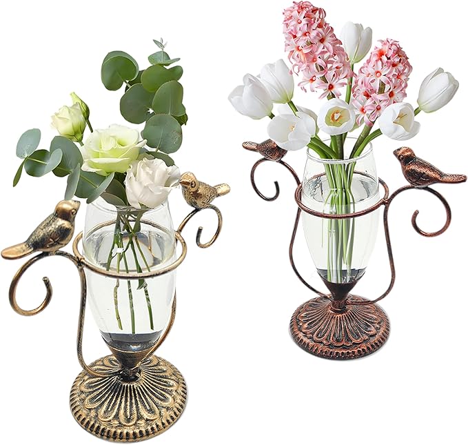 2 Pack Desktop Plant Terrarium,Bird Art Glass Propagation Vase, Propagation Planters with Vintage Metal Frame, Suitable for Decoration of Desktop Hydroponic Plants in Office and Living Room