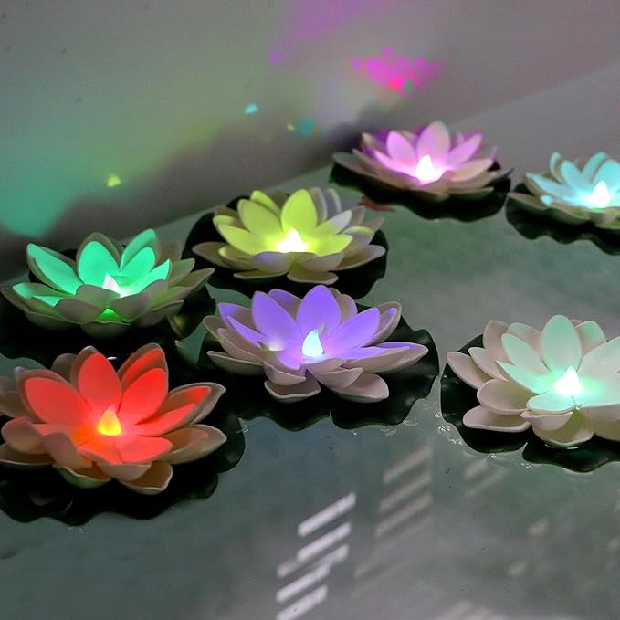 12 PCS Floating Lotus Lights - Artificial LED Lotus Waterproof Battery Operated Water Activated Color Changing Fake Lily Pad Lights for Pool Pond Lantern Garden Outdoor Decor