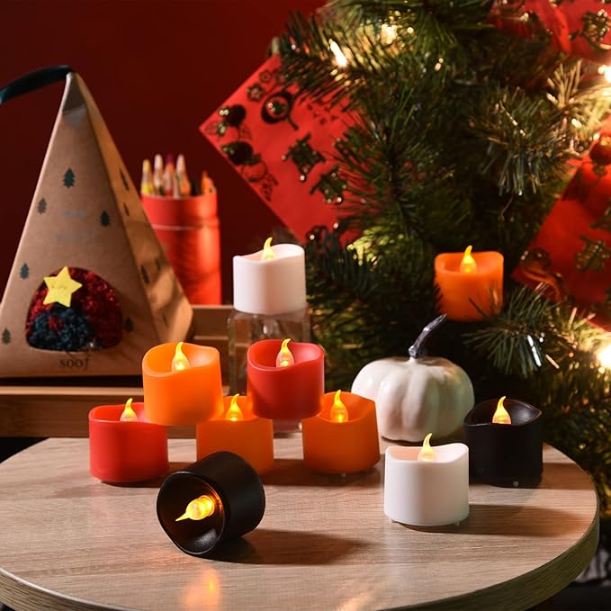 JOSU 24PCS Tea Lights Flameless Candles, Realistic Votive Tealight, Battery Operated Candles with Warm Light for Confession Propose Marriage Wedding Halloween Christmas Home Dinner Party Decor (Red)