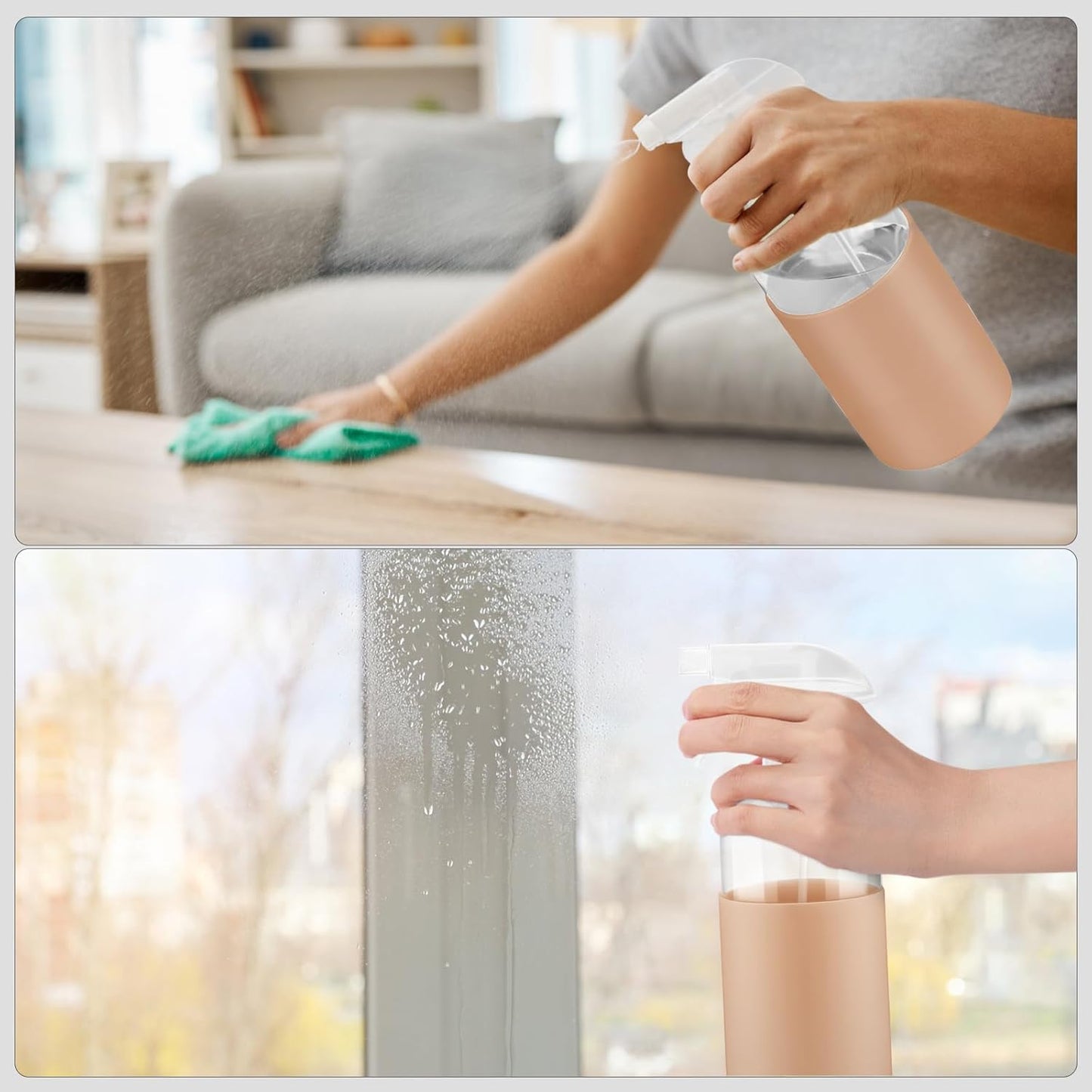 2 Pack Glass Spray Bottles with Long Silicone Sleeve, 16 oz Empty Refillable Containers with Adjustable Spray Nozzles, Spray Bottles for Hair, Cleaning Solutions and Plants khaki