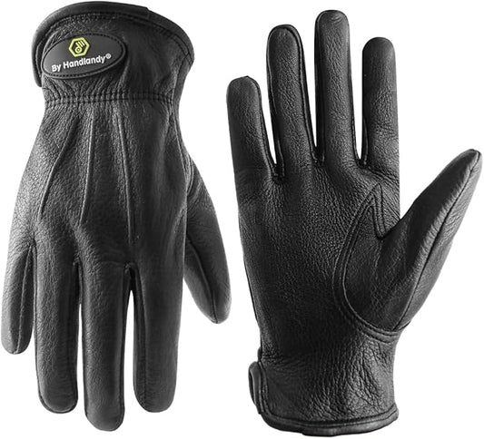 HLDD HANDLANDY Leather Work Gloves for Men & Women, Adjustable Wrist Cowhide Gardening Glove with Reinforced Palm for Driver