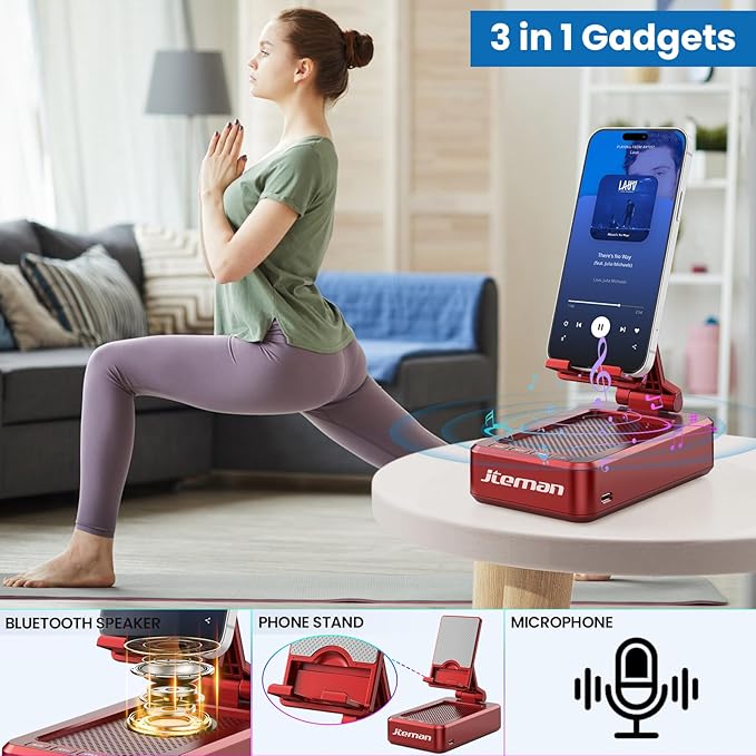 Jteman Portable Phone Stand with Speaker Bluetooth Wireless,Gifts for Men Women,Birthday for Women,Kitchen Gadgets for Men,Phone Holder for Desk - Red