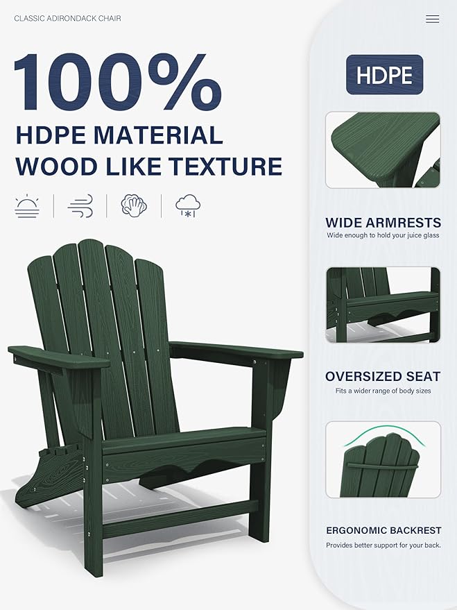 KINGYES HDPE Adirondack Chair, Classic Oversize Adirondack Chair, Green
