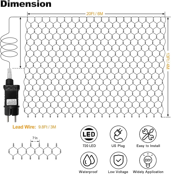 20Ft x 13Ft Net Lights Outdoor Mesh Lights Plug in, 720 LED Net Lights IP68 Fully Waterproof for Party Garden Backyard Wall Bush Christmas Decor (Warm White)