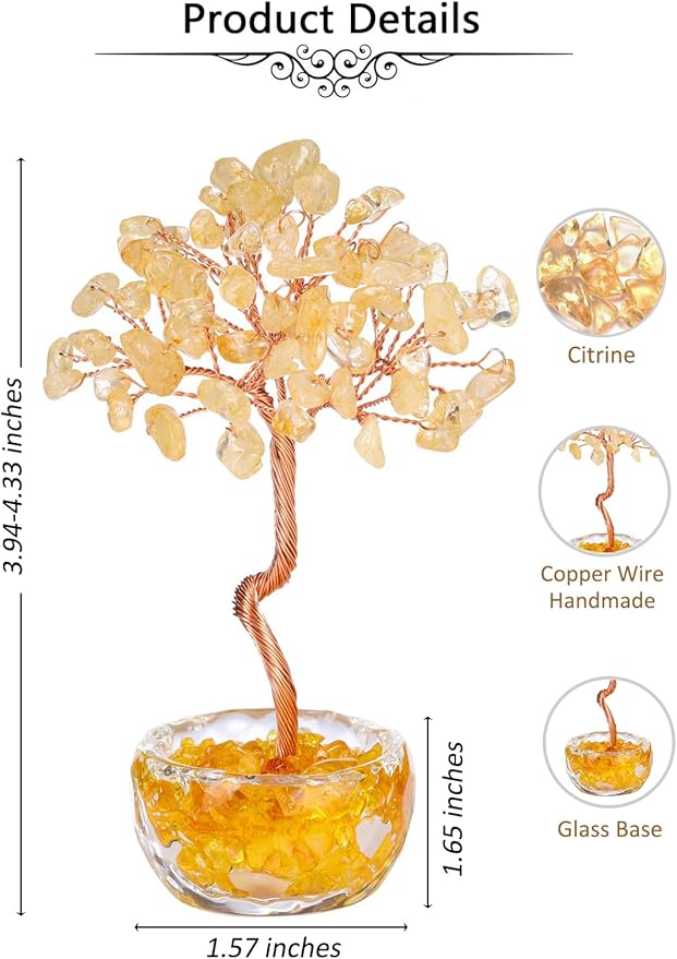 Jovivi Small Citrine Crystal Tree, Natural Crystal Healing Stones Tree Glass Bowl Base Gemstone Money Trees Feng Shui Good Luck Home Desk Decor