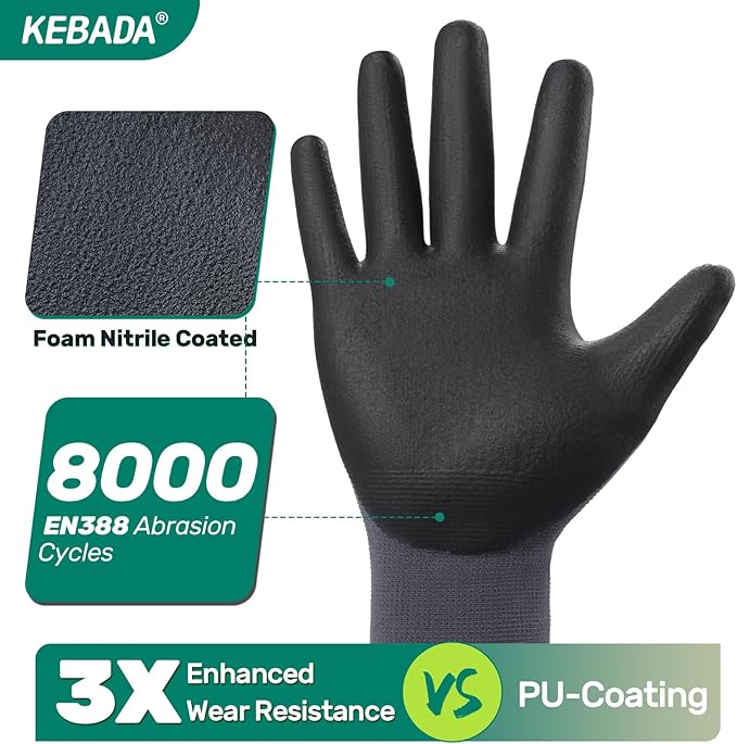 Kebada Work Gloves for Men and Women, Foam Nitrile Coated Safety Gloves with Grip, Ideal for Warehouse Package Handling, Gardening, Mechanic and Construction, XL
