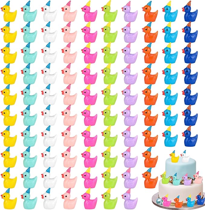 100 Pack Mini Resin Ducks, Multicolor Mini Ducks Wearing Party Hat, Tiny Duck Miniature Duck Figures Tiny Home Ornament for Micro Landscape Dollhouse Garden Aquarium Potted School Office