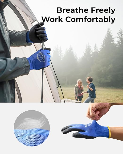 OKIAAS Work Gloves for Men - Ultra Thin and Lightweight With Grip, Bulk Case of 60 Pairs, Polyurethane Coating for Construction and Light Duty Work (Black, X-Large)