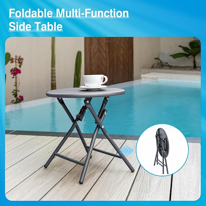 Aluminum Chaise Lounge Chair Outdoor, Foldable Patio Lounge Chair 2 Sets with Table Assemble-Free, Pool Lounge Chairs with 5 Adjustable Backrest, Outdoor Lounge Chairs for Outside Poolside Beige