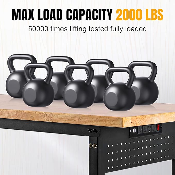 Height Adjustable Workbench 60”×22” Heavy Duty Work Table 2000 LBS Load Capacity Rubber Wood Work Station with Power Outlet & Pegboard for Garage, Office, Workshop, Home, Party Shop