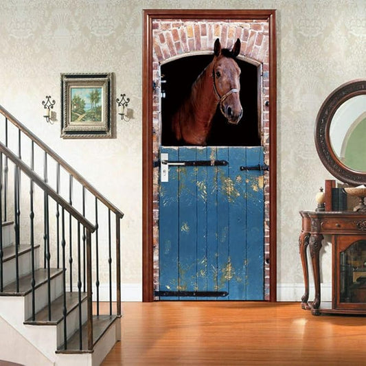 Horse 3D Door Stickers Murals - Peel & Stick - Waterproof & Washable - Matt Finish - Realistic Style - Brown Color - Animal Pattern - Adults - Indoor Use - All Seasons - Door Decal - Sticker
