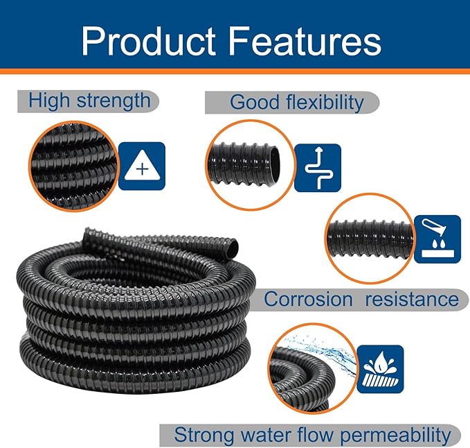 1 Inch Pond Tubing, 1" ID Corrugated Water Pipe, 20 Feet Length Flexible PVC Hose Pipe with Pipe Fittings, Aquarium, Pond Waterfall, Garden Pond Pump Drainage Tube Black