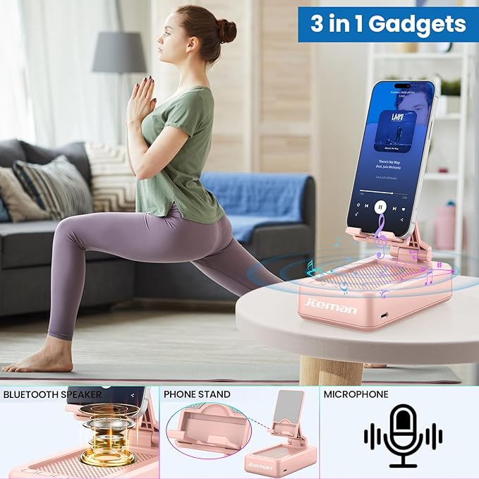 JTEMAN Portable Wireless Bluetooth Speakers with Phone Stand,Gifts for Women and Men,Birthday Christmas for Women Men,Kitchen Gadgets for Men,Compatible for iPhone/Samsung/Mini iPad - Pink