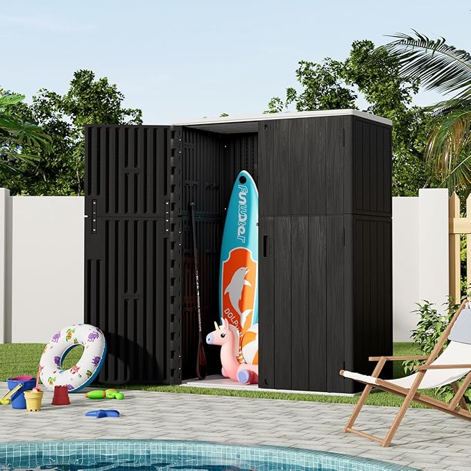 KINYING Outdoor Vertical Storage Shed,57 Cu.ft Outdoor Storage Cabinet Waterproof,Resin Sheds & Outdoor Storage Clearance for Garden,Patio,Backyard,Lockable (Black)