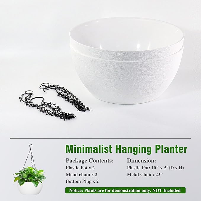 10 inch Hanging Planters for Outdoor Indoor Plants with Drainage Holes and Chain, 2 Pack Round Hanging Flower Plant Pots for Garden Home Porch Decor, White