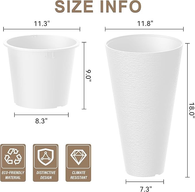 Kante Tall Round Planter Set of 2, 18 Inch Tall Decorative Planter Pots for Outdoor Indoor Garden Patio Front Porch (White)