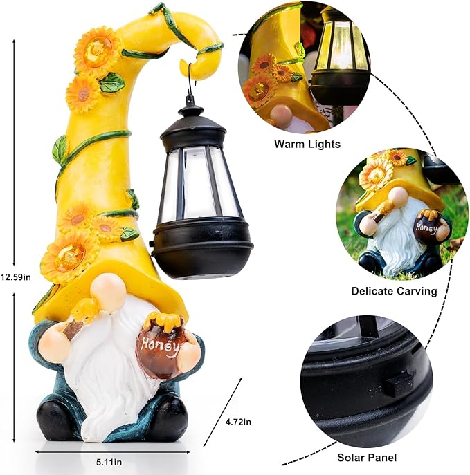 12" Solar Gnome Garden Statues Honey Bee jar Decor with LED Lantern Outdoor Spring Gnomes Decorations Patio Yard Balcony Art Gifts for Women Mom Grandma