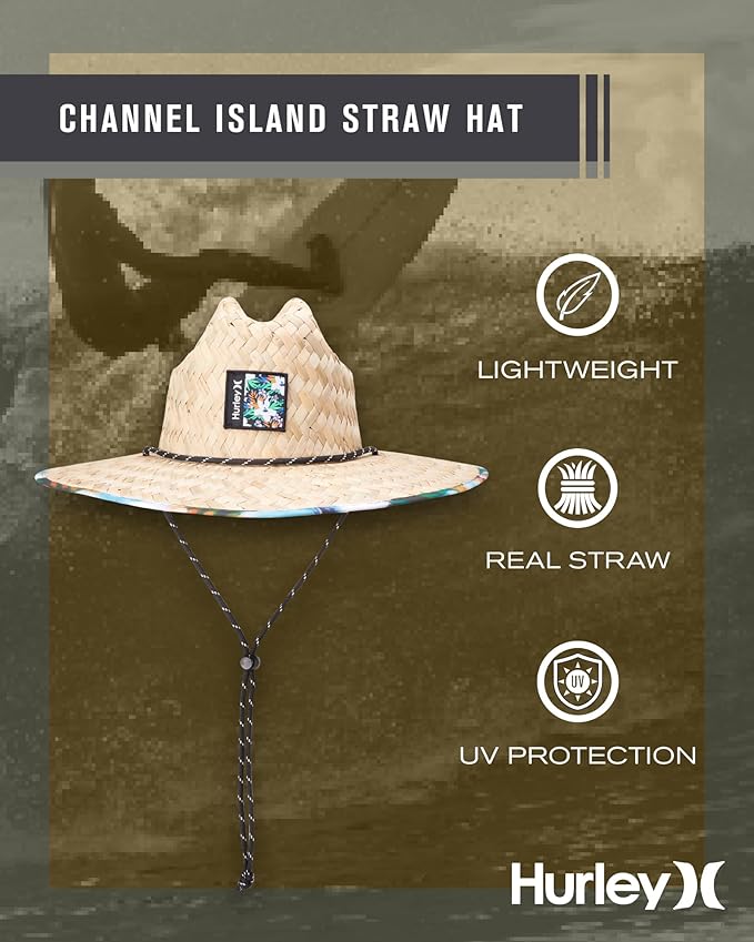Hurley Men's Straw Hat - Wide Brim Channel Island Lifeguard Hat - Stylish Sun Hats for Men with Chin Strap