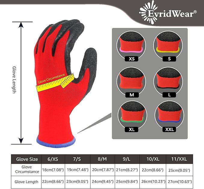 Evridwear Crinkle Latex Rubber Hand Coated Safety Work Gloves for Men Women General Multi Use Construction Warehouse Gardening Assembly Landscaping (M-Size) 12 Pairs Pack