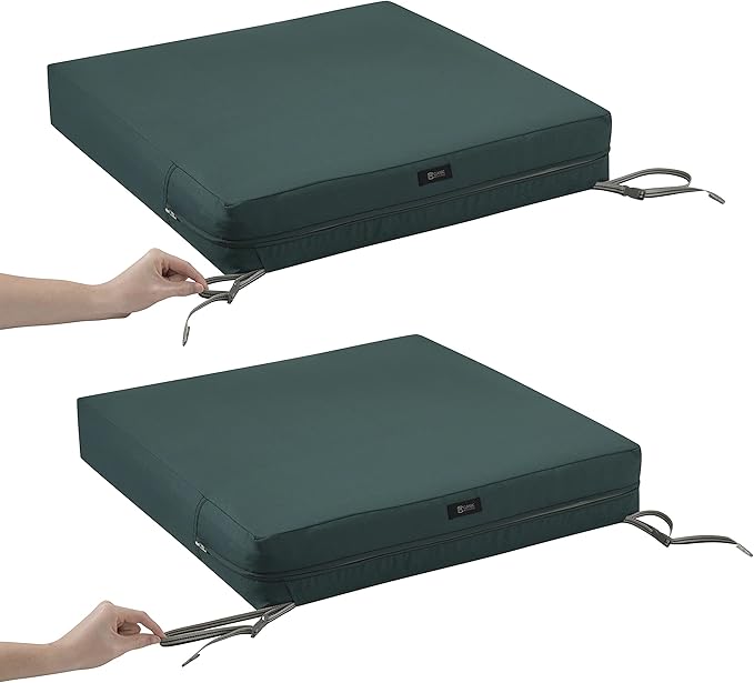 Classic Accessories Ravenna Water-Resistant 25 x 25 x 5 Inch Square Patio Seat Cushion Slip Cover & Foam, Mallard Green, Lounge Chair Cushion