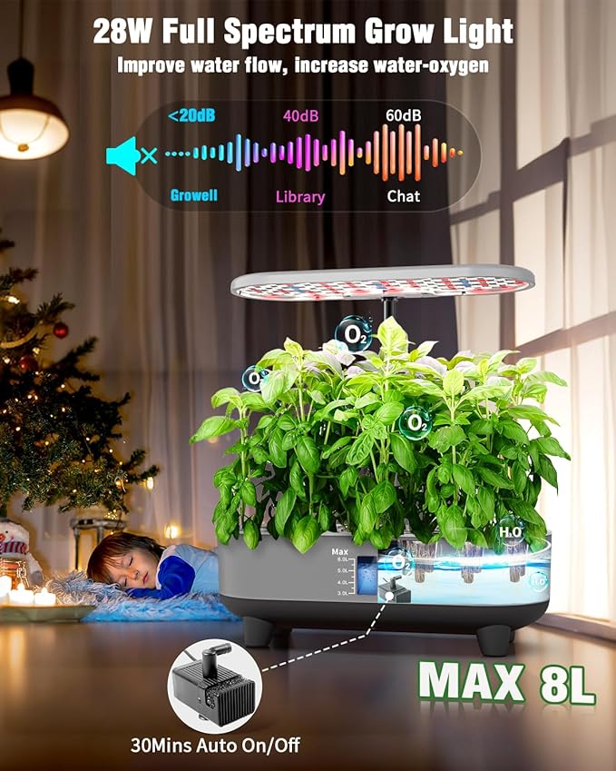 Hydroponics Growing System Kit, 16 Pods Indoor Garden with 28W Full Spectrum LED Grow Light, Auto Timer, 3 Smart Light Modes, 8L Large Herb Garden, Ideal Gardening Gift for Women, Men (Gray)