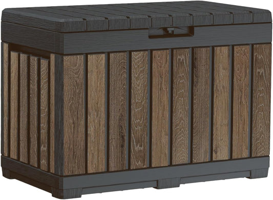 Keter Signature Everwood 50 Gallon Resin Outdoor Storage Box and Patio Furniture Side Table for Pool and Garden Accessories, Walnut