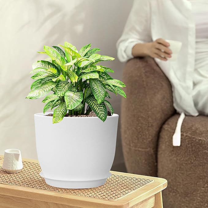 10/9/8 inch Medium Flower Pots, 3 Pack Modern Decorative Plastic Planters with Drainage Holes and Tray, Plant Pots for Indoor Outdoor Plants, White