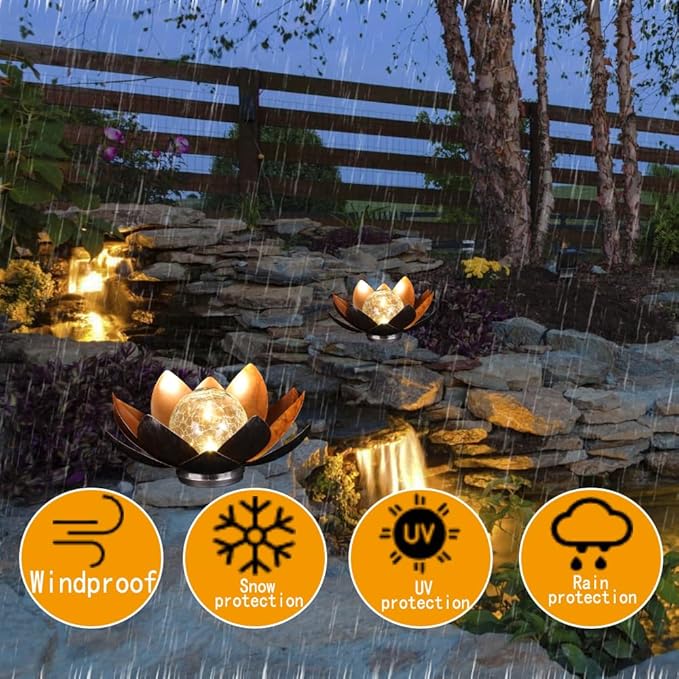 12 inches Solar Lights Outdoor Garden, Crackle Globe Glass Lotus Decoration, Waterproof LED Metal Flower Lights for Patio,Lawn,Walkway,Tabletop,Ground Gardening Gifts (Copper Color)