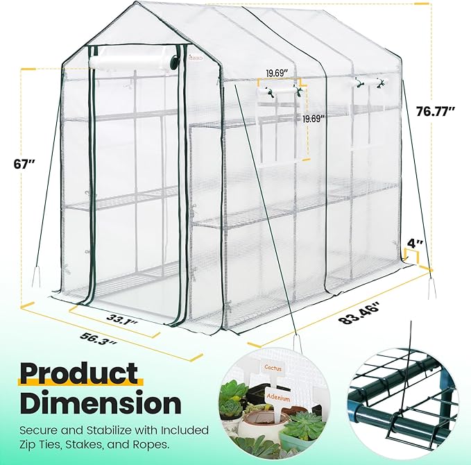 KING BIRD Premium Greenhouse for Outdoors, 84 x 56 x 77 Upgraded PE Cover & Steel Frame Walk in Hot House, w/ Zippered Screen Windows Mesh Door, 3 Tiers 20 Shelves for Outside Garden, White